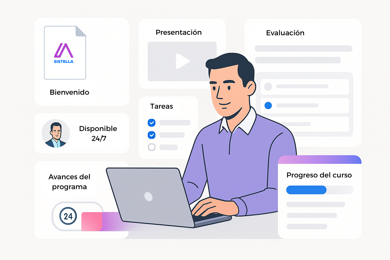 Onboarding Virtual Sistella - Joven usando laptop con módulos de inducción flotando alrededor