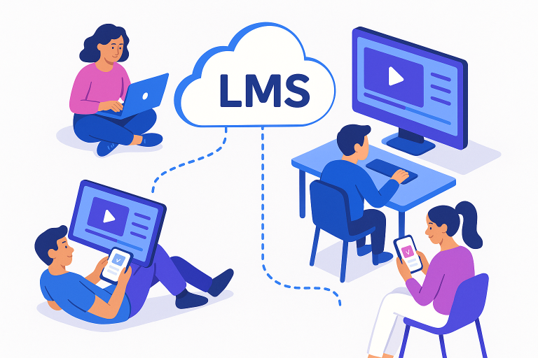 Ilustración isométrica de e-learning con personas usando laptop, tablet y móvil conectadas a una nube LMS. Representa aprendizaje digital accesible, moderno y corporativo.